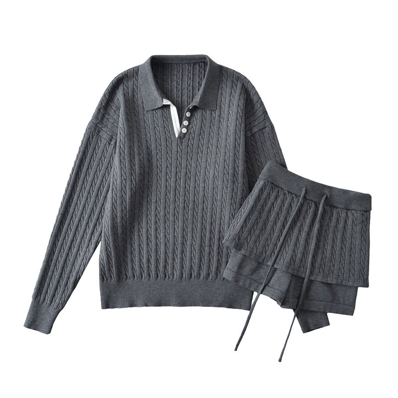 Knitted suit Women's 2024 Autumn Korean Wear Age-reducing Lapel Twist Sweater High Waist Drawstring Skirt Knitted suit Women's 2024 Autumn Korean Wear Age-reducing Lapel Twist Sweater High Waist Drawstring Skirt