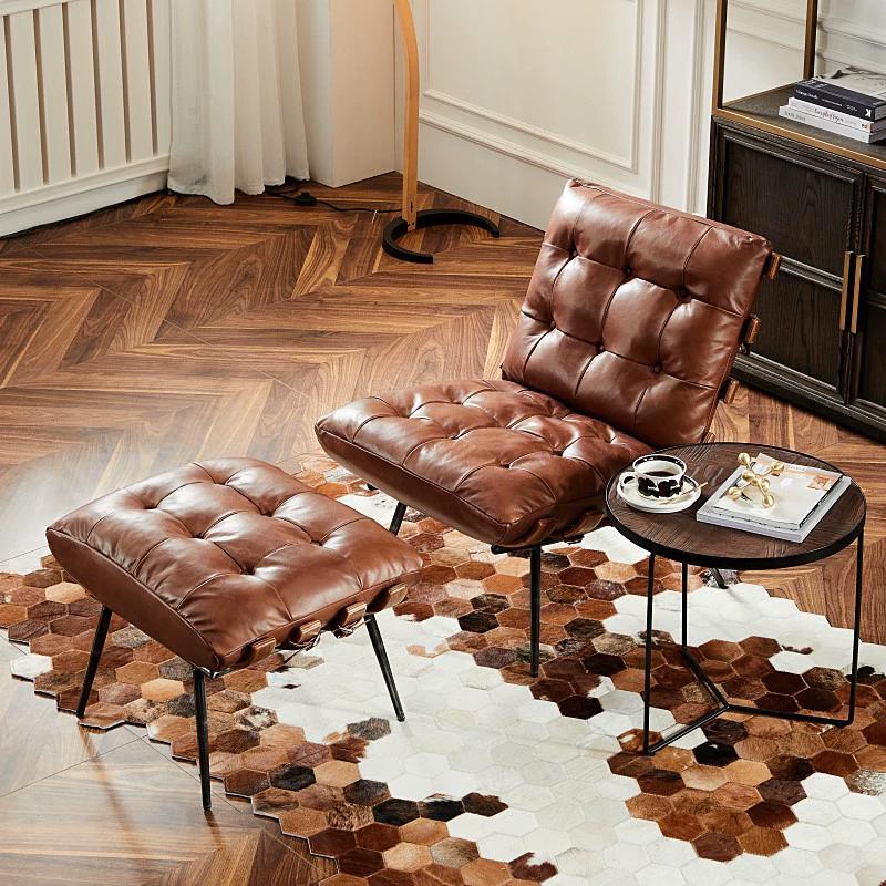 Balcón nórdico simple sofá de cuero sala de estar silla de ocio doméstica retro sofá único sofá perezoso