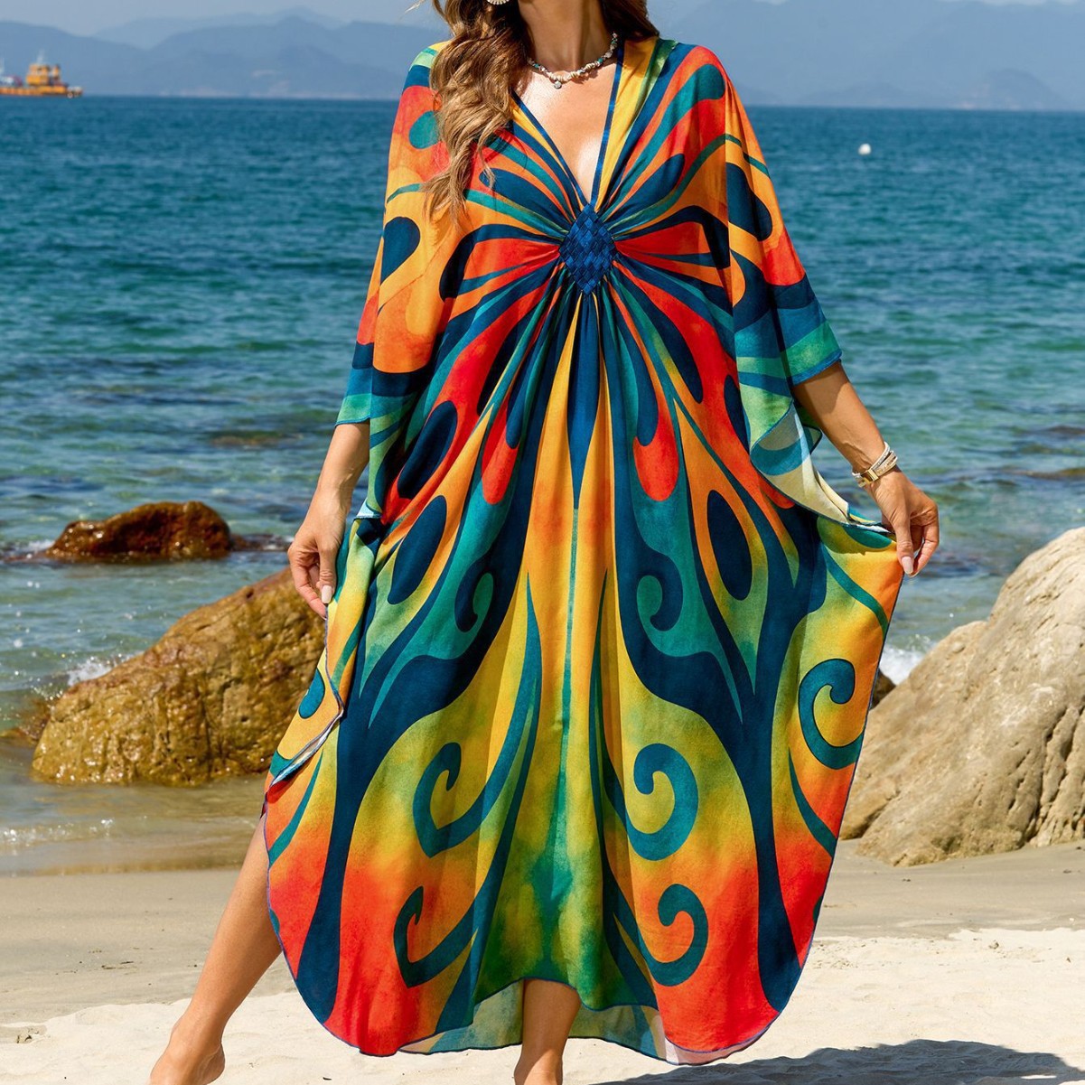 Beach Cover-Up with Central Woven Positioning Print, Vacation Beach Cover-Up, Cross-Border (41 Colors) F927 Bohemian