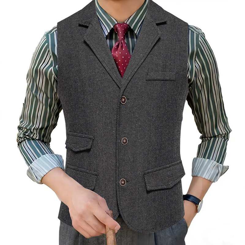 26 Spring New Foreign Trade Men's Herringbone Tweed Suit Vest European Size Retro Lapel Single-Breasted Vest