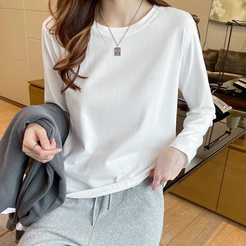 グレー長袖 Tシャツ女性の夏の新しい無地インナーラウンドネック右肩ボトムシャツトップ|undefined