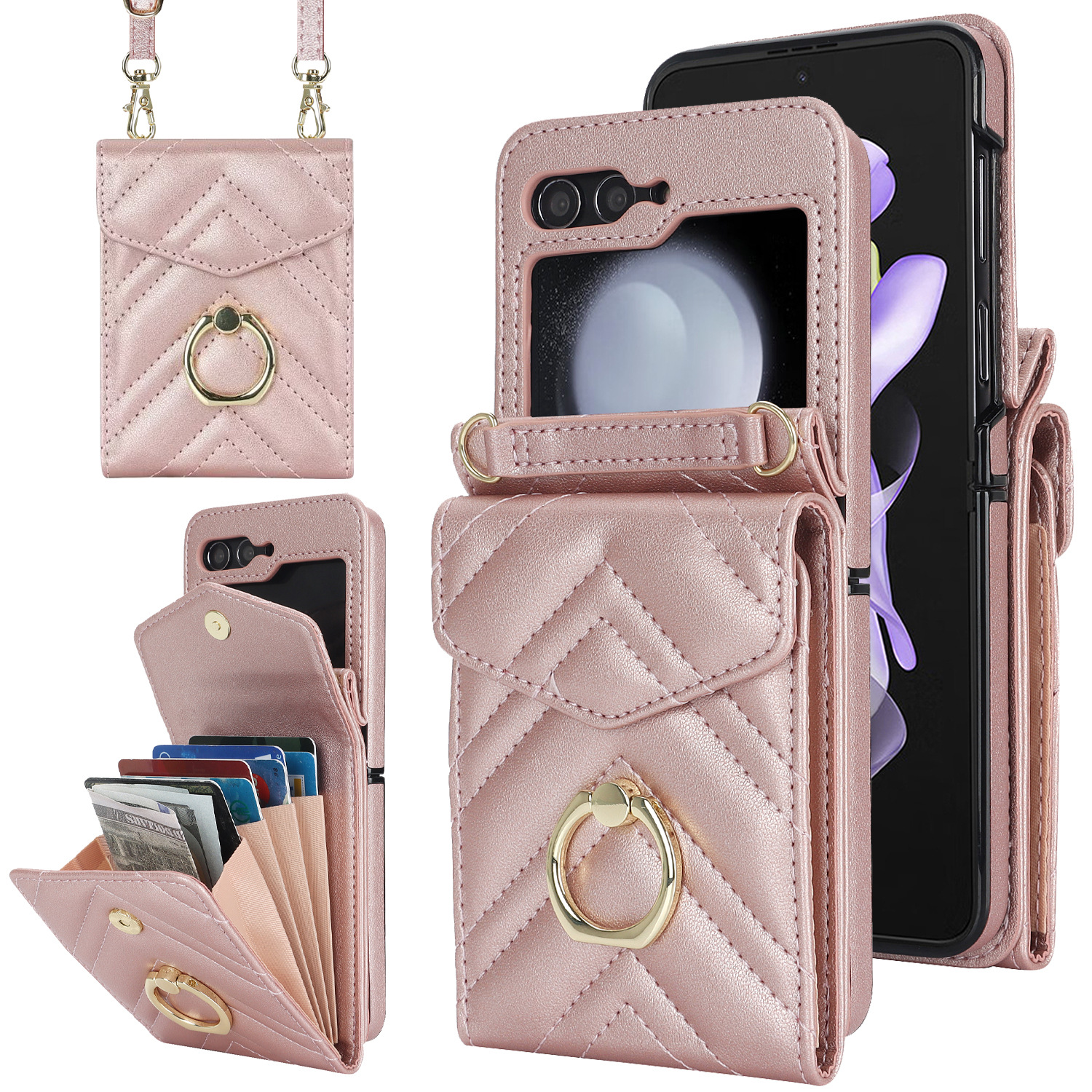 Adecuado para Samsung Z Flip 5 mensajero multifuncional 4 funda para teléfono móvil plegable Flip6 anillo de fragancia pequeña funda de cuero para teléfono móvil