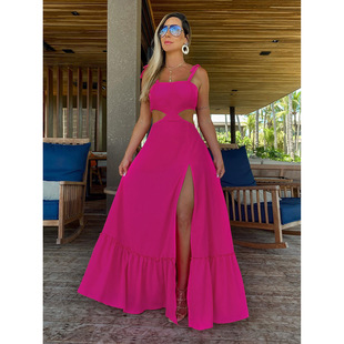 2025 New Solid Color Tube Top Long Sexy Hollow Beach Skirt Women's Seaside Vacation Tropical One-Piece Foreign Trade Fashion