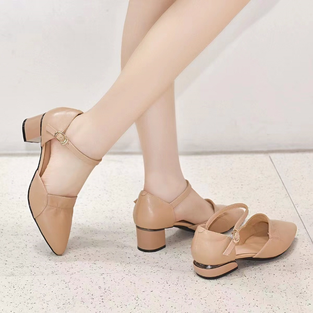 Sandal nữ quai ngang mũi nhọn da thật gót 5 cm — Màu Mơ (Chiều cao gót 5 cm) chi tiết 6