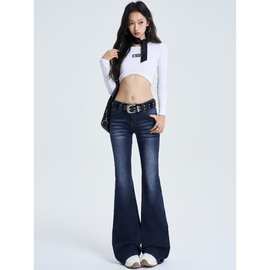 九月复古喇叭牛仔裤女低腰修身微水洗拖地长裤春夏潮百搭新款辣妹