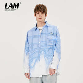 lamlicka秋季扎染渐变翻领长袖衬衫男字母印花街头潮衬衣外套宽松