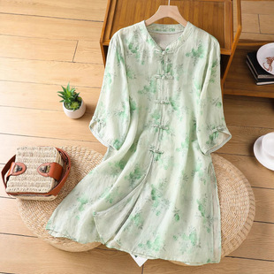 Retro Printed Stand-Up Collar Placket Ramie Shirt Skirt Women's Spring and Summer Three-Quarter Sleeve Mid-Length Cotton and Linen Jacket Top