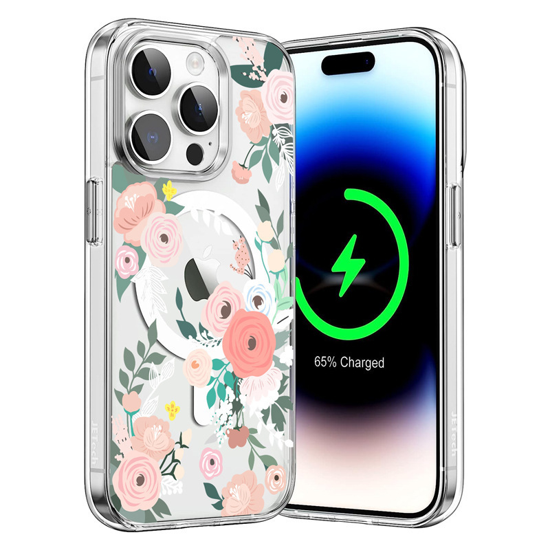 Magsafe Magnetic Apple 17 Mobile Phone Case Suitable for Iphone14 Pink Flower 16Promax Protective Cover 12P