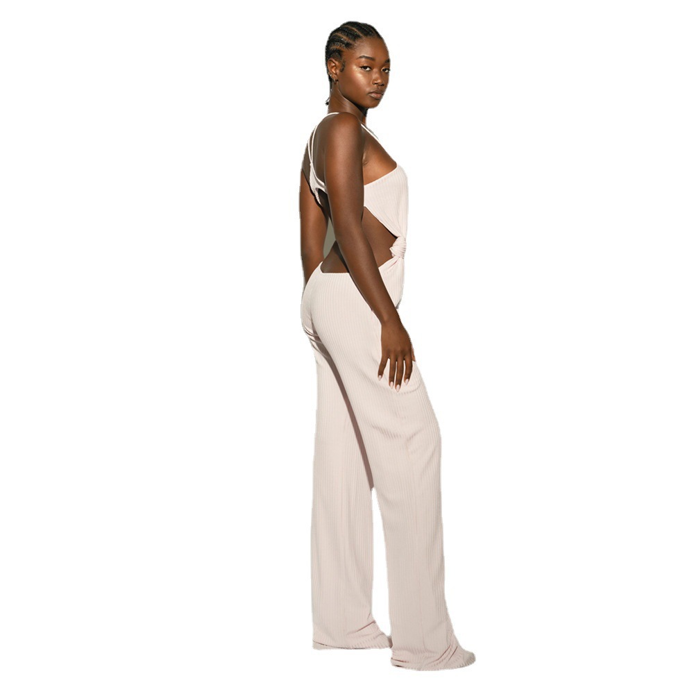 Sleeveless Sling Slim Backless Solid Color Elasticated Hollow Jumpsuit NSSMX112729