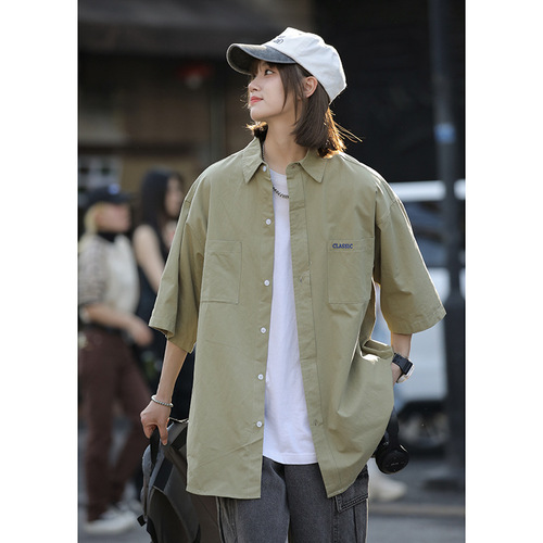 Green Workwear Short-Sleeve Shirt for Men, Trendy Brand, City Boy, Japanese Couple's Style, 7/8 Sleeve Blouse, Summer Thin Version