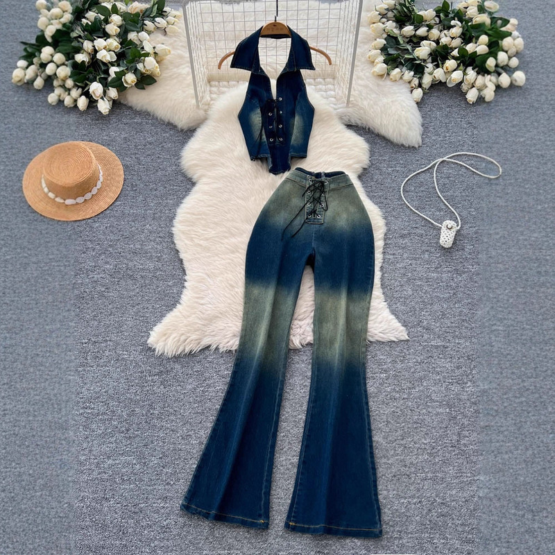 Retro Cool Halterneck Sleeveless Vest + High-Waisted Tight Slimming Look Pants Gradient Color Strap Denim Suit for Women Summer Retro Cool Halterneck Sleeveless Vest + High-Waisted Tight Slimming Look Pants Gradient Color Strap Denim Suit for Women Summer