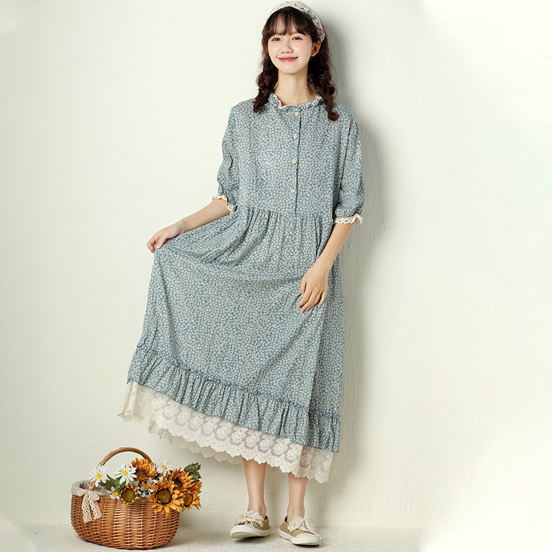Japanese and Korean Casual Plus-Size Women's Short-Sleeve Floral Dress, New Summer Embroidered Patchwork Cotton-Linen Long Dress Japanese and Korean Casual Plus-Size Women's Short-Sleeve Floral Dress, New Summer Embroidered Patchwork Cotton-Linen Long Dress