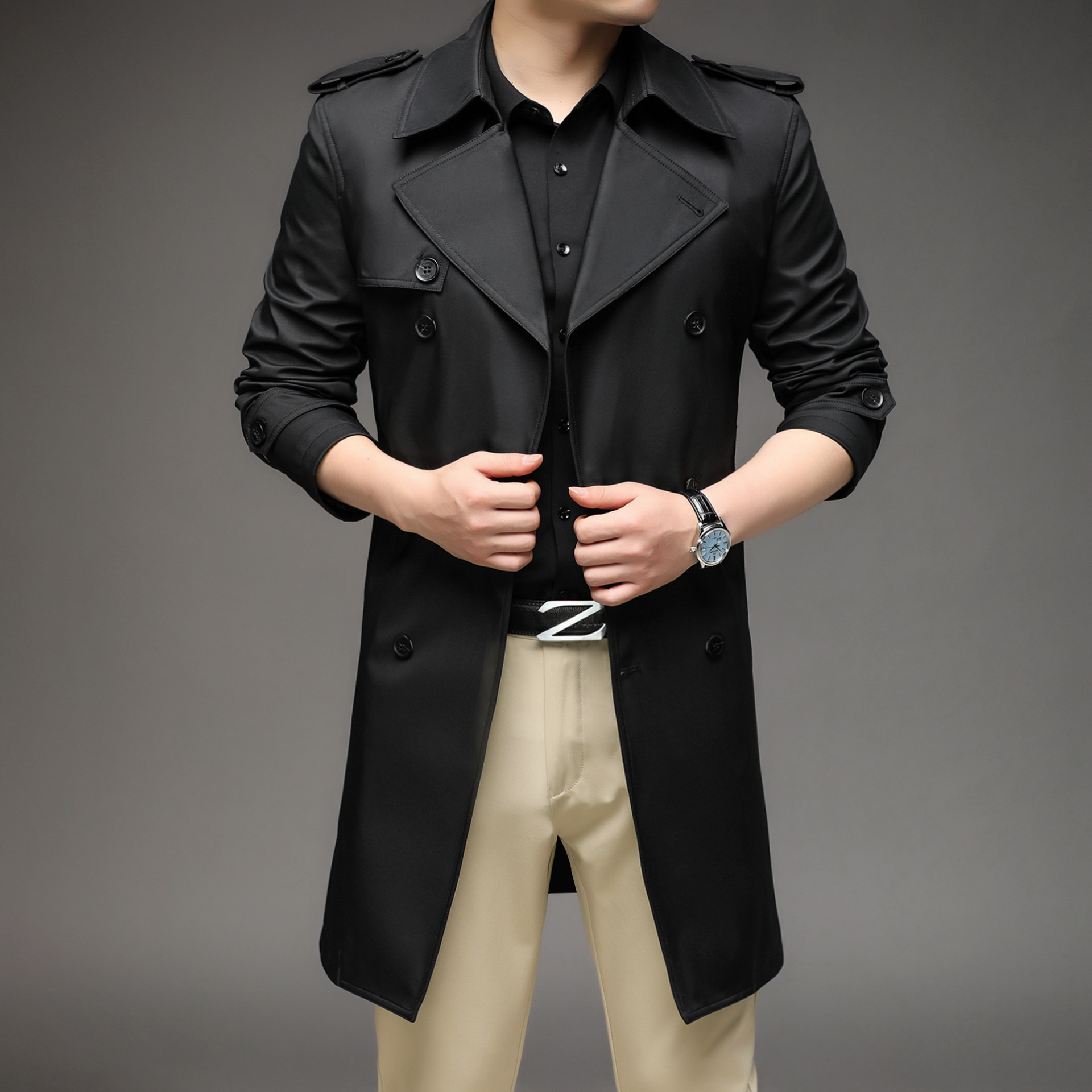 Primavera y otoño de negocios de doble botón abrigo de hombre nuevo estilo coreano suelto moda casual hombre británico chaqueta media larga image 7