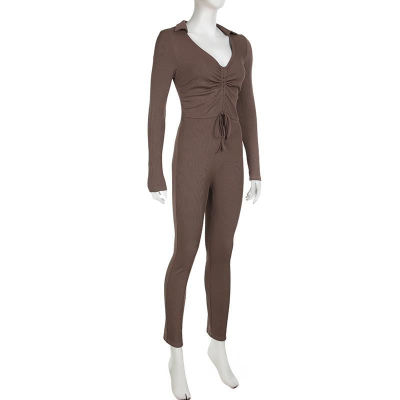 Sports Street Women Clothing Solid Color Polo Collar Pleated Drawstring Lace up Tight Long Sleeve Jumpsuit Skinny Pants