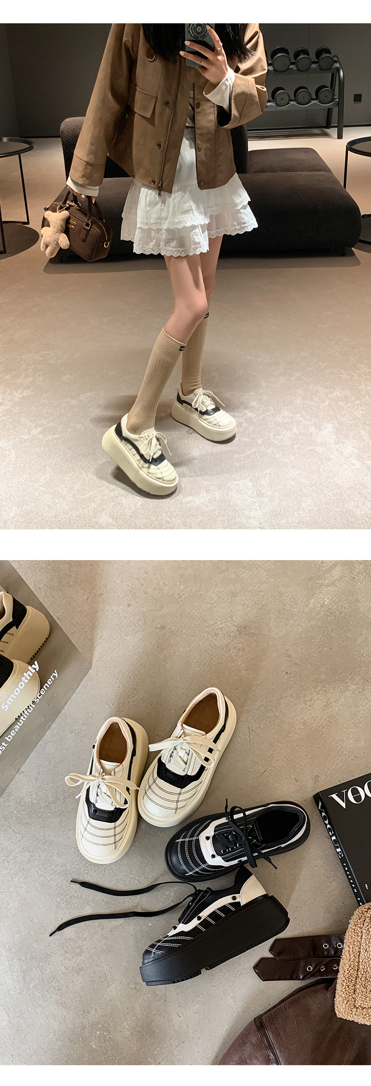 Giày sneaker nữ đế dày da bò phối màu dây buộc phong cách thể thao — màu đen chi tiết 11