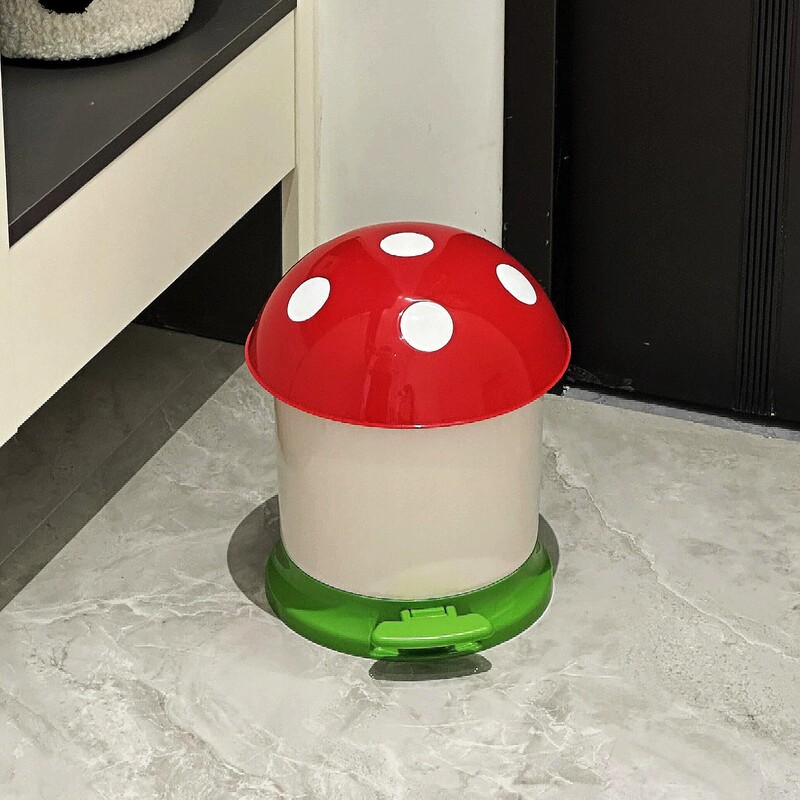 Mushroom Trash Can with Lid, Cute Household Living Room, Bedroom, High-Looking Large Bathroom Paper Basket, Foot Pedal Storage Bucket