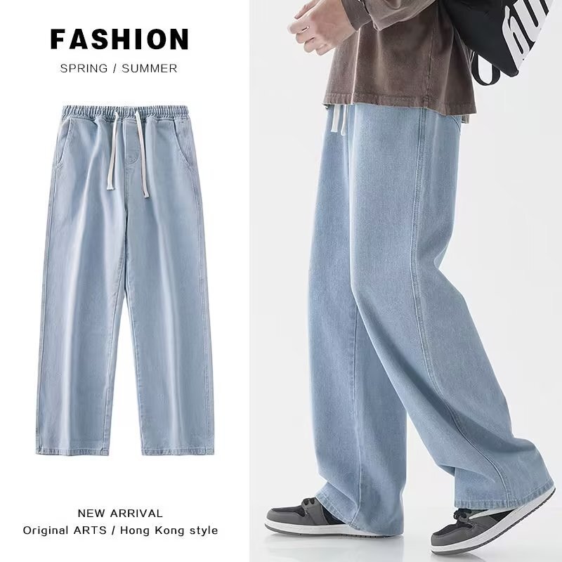 American High Street Retro Trendy Brand Straight Jeans Men's Summer Drawstring Elastic Waist Loose Casual Pants Cross-Border Foreign Trade