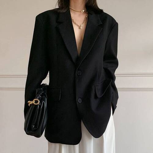 Women's Black Trousersuit Jacket Korean Version British Style Suit Top Spring and Autumn Plus Size Professional Wear
