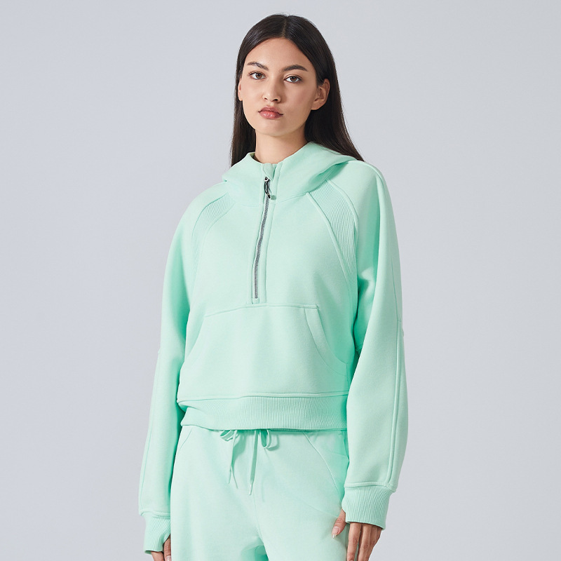 2025 otoño y invierno de vello a prueba de viento con capuchón suéter deportivo casual de mujer chaqueta corta con media cremallera chaqueta de yoga