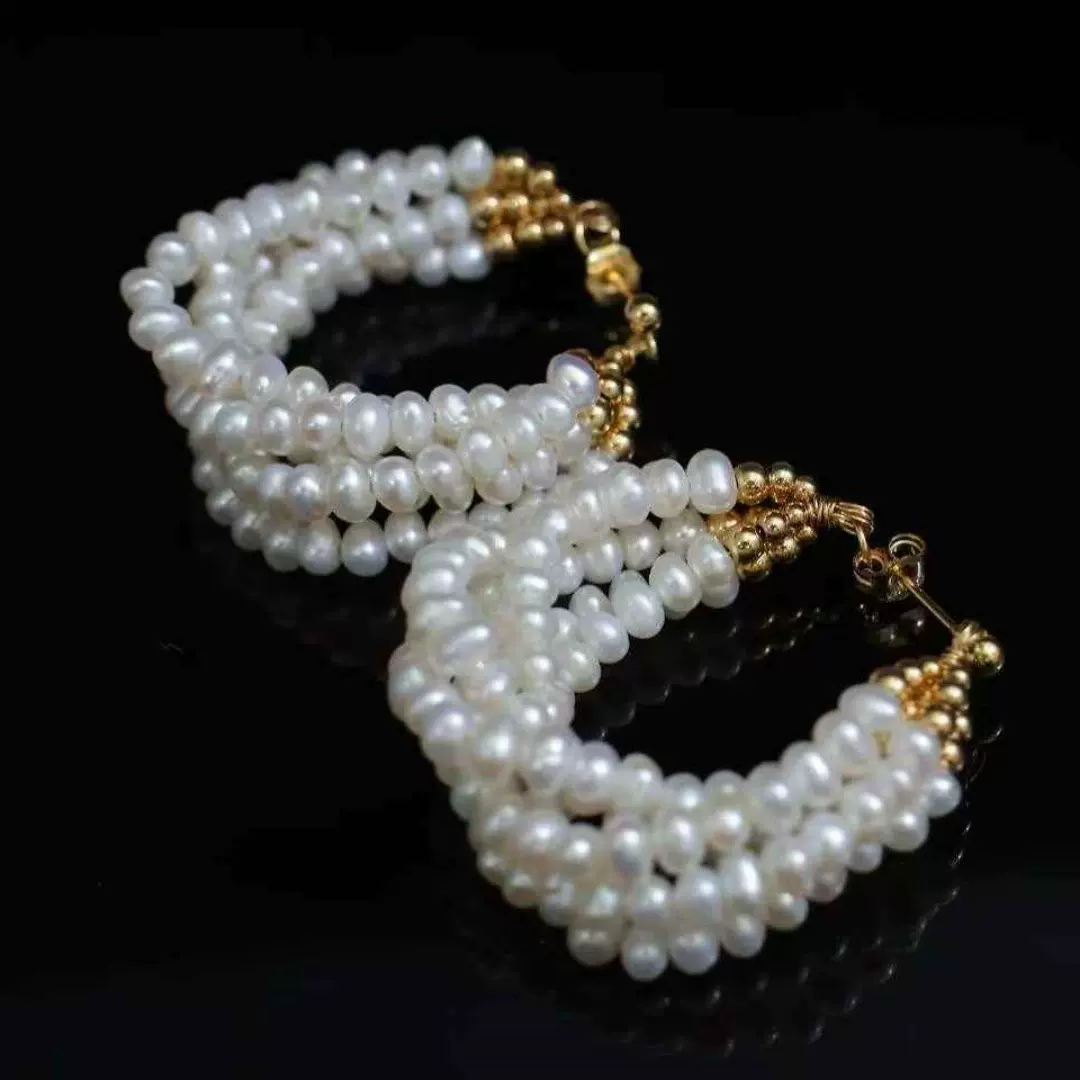 SGARIT 14K包金天然淡水珍珠编织耳环多层佩戴复古奢华的珠宝配饰