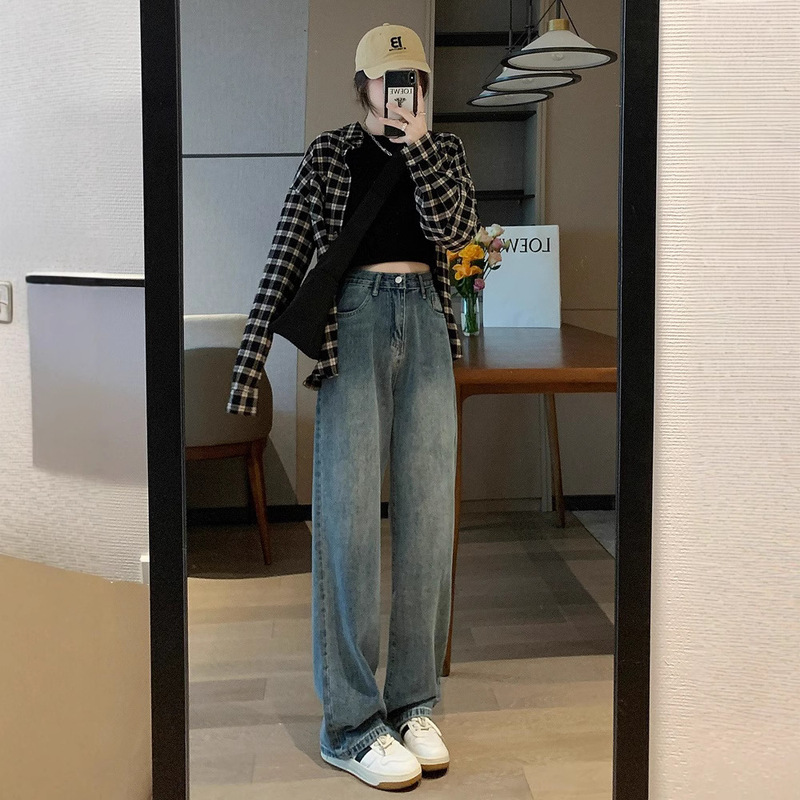 High-Waisted Wide-Leg Jeans for Women 2024 New Popular Style Fleece-Lined Slimming Versatile Drape Retro Straight-Leg Floor-Length Pants