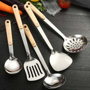 Non-magnetic thick stainless steel porridge spoon solid wood handle spatula stainless steel household spatula spoon kitchenware suit