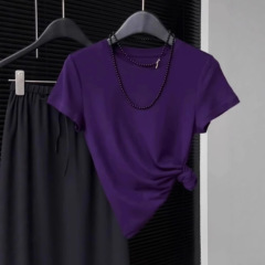 2025年夏の新作韓国風ファッショナブルな年齢軽減ラウンドネックTシャツ、女性用、多用途、スタイリッシュ、スリム、パープルトップ
