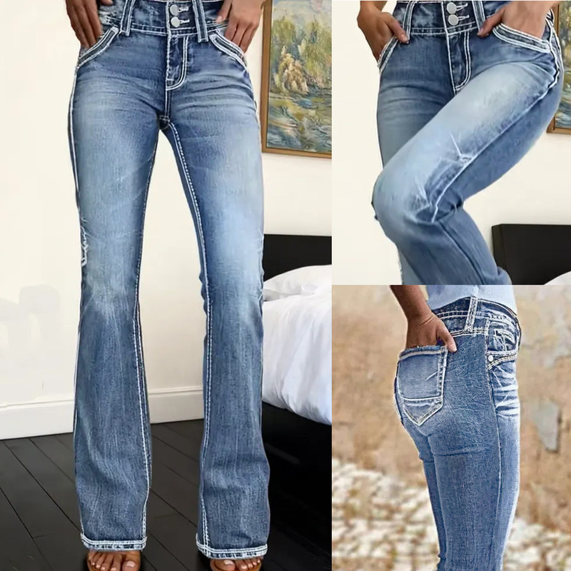 2026 Manufacturer Supply and Distribution for Amazon Independent Stores Cross-Border Slim Fit Washed Embroidered Curve Stretch Jeans for Women