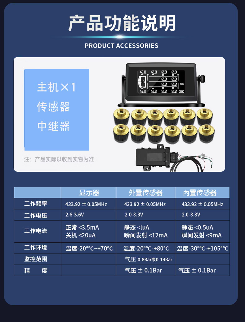 Truck tire pressure monitoring external wireless device for semi-trailers, fire trucks, RVs, and trailers, available for 6, 8, 10, 12, and 14-wheel vehicles