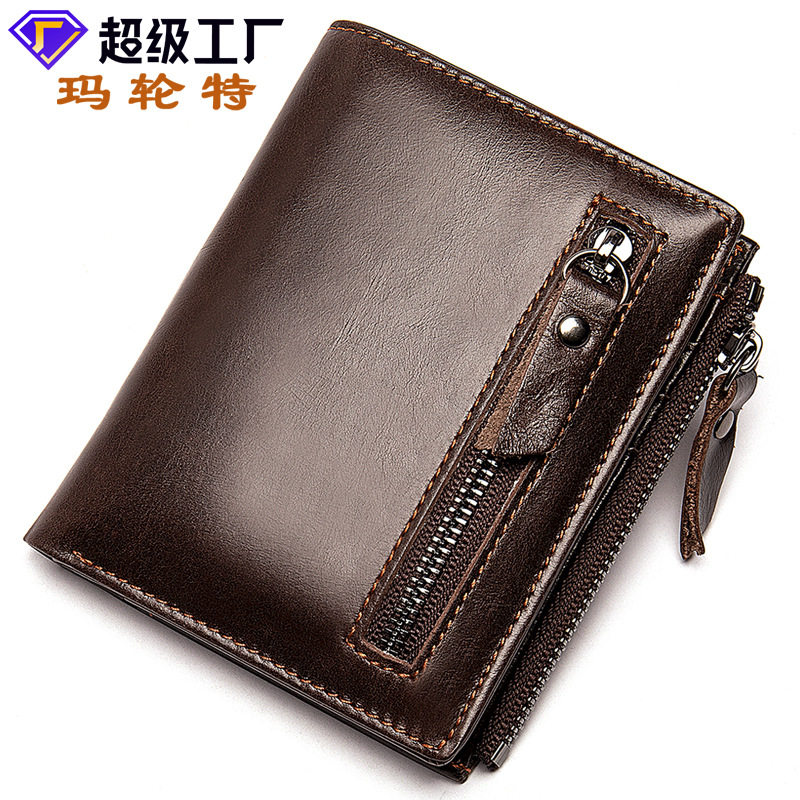 Ví nam da bò thật dạng đứng có khóa kéo, nhiều ngăn đựng thẻ và tiền xu, 9×1,5×11 cm — Cà phê, Cà phê đậm, Màu đen