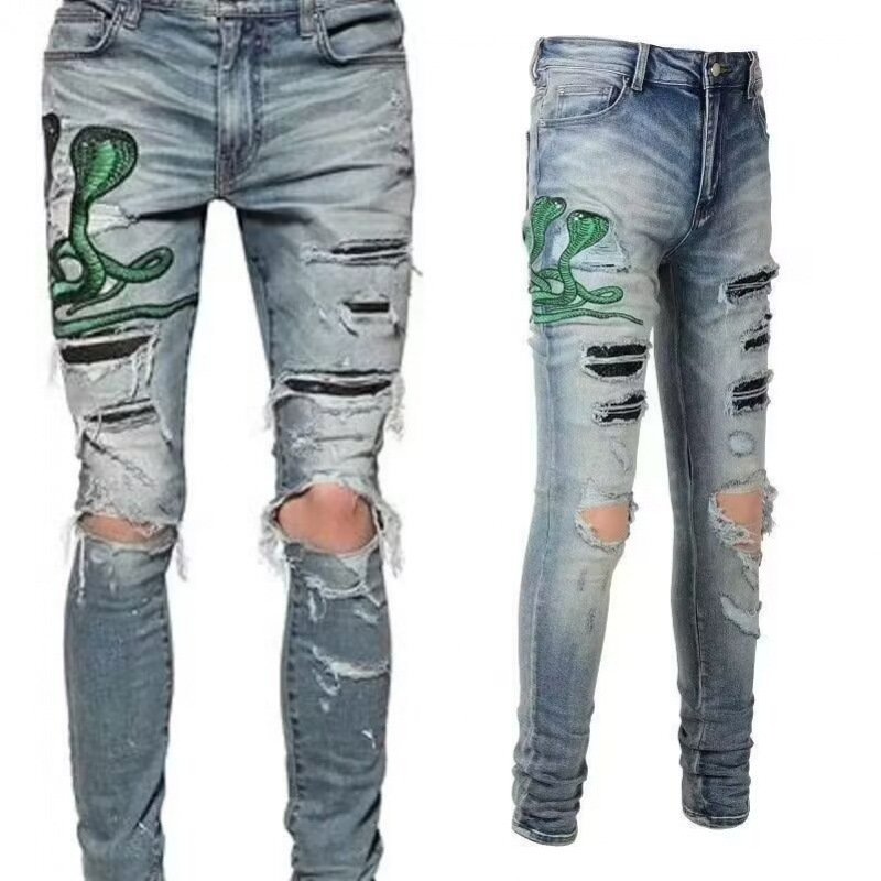 boy European And American High Street Trend Brand Vintage Distressed Niche Jeans For Men With Cobra Embroidery Patch Slim_voghion.com