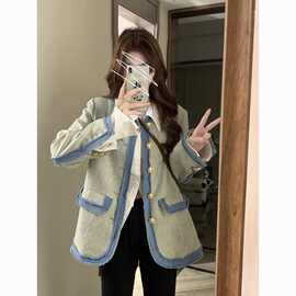 韩系撞色拼接垫肩西装外套女秋冬新款设计感小众气质上衣开衫