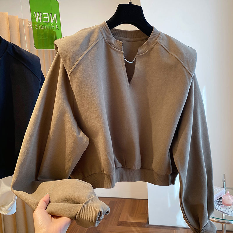 Collar Shoulder Padded Short Sweatshirt for Women Autum New Loose Casual Short Top for Small People to Wear Khaki Green