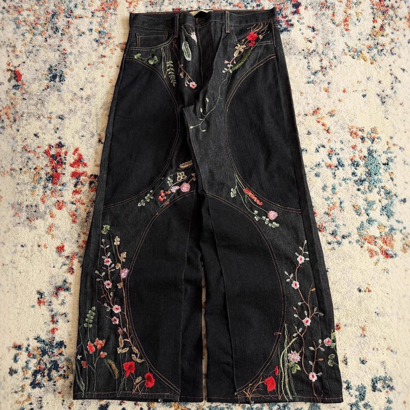 European and American Cross-Border Y2K Loose Wide-Leg Patchwork Design Long Pants with Floral Embroidery Jeans for Men and Women, Floor-Length Trendy Pants