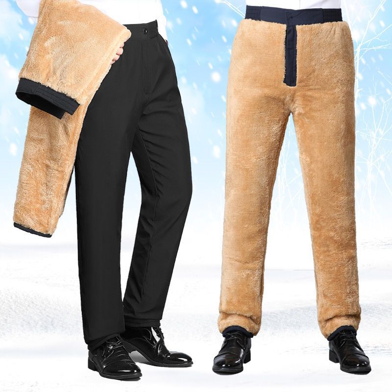 Men's winter three-layer fleece-lined thickened outer thermal pants, loose straight leg, high-waisted, cold-proof cotton pants for middle-aged and elderly men.