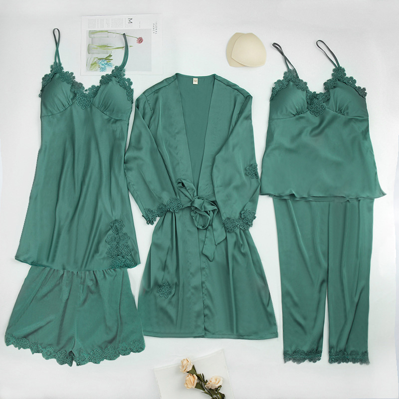 Yaoting-pijamas de gasa satinada para primavera y verano, conjunto de cinco piezas de seda helada, ropa de casa sexy informal y sencilla con almohadillas para el pecho