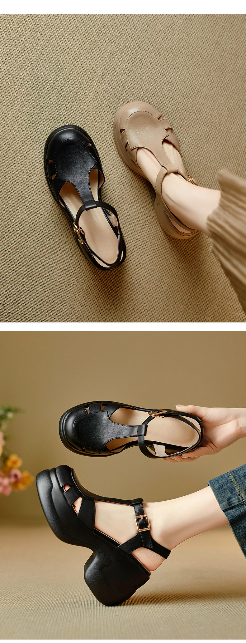 Sandal nữ quai chữ T đế xốp dày phong cách La Mã — đen chi tiết 4