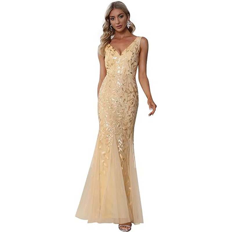 European and American evening dress v-neck tulle embroidery sequined sexy mermaid prom dress women formal dress skirt