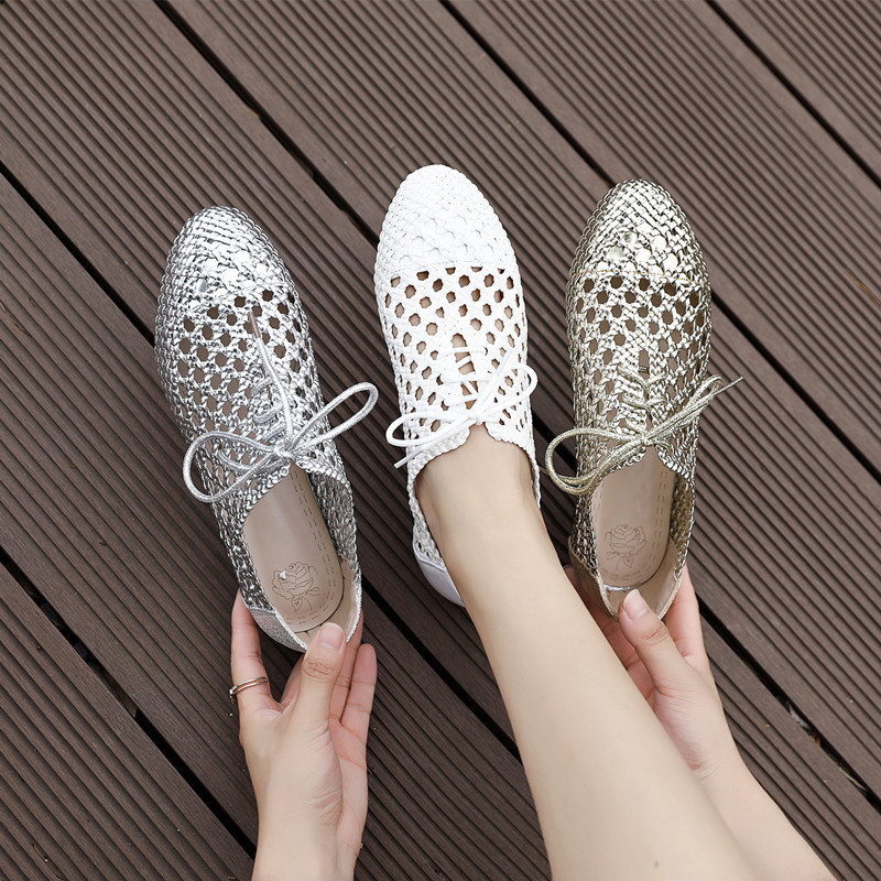 Mother's Hollow Woven Sandals Women's Flat Breathable Non-slip Women's Shoes Casual Soft Leather Large Size Single-layer Shoes Women's Summer 2023