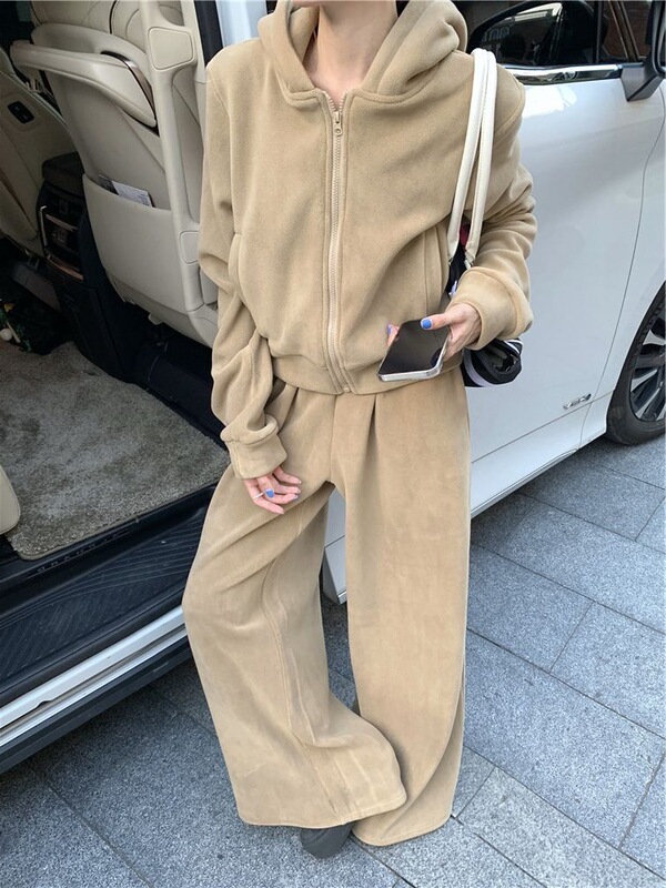 340g double-sided Austrian grain fleece niche hooded jacket jacket pants wide leg pants mopping pants two-piece set 340g double-sided Austrian grain fleece niche hooded jacket jacket pants wide leg pants mopping pants two-piece set