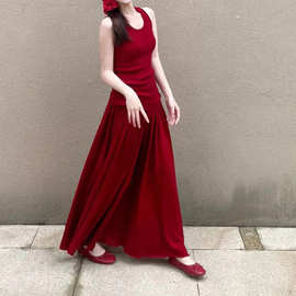 复古气质红色针织套装修身无袖背心女春季新款高腰垂感半裙两件套