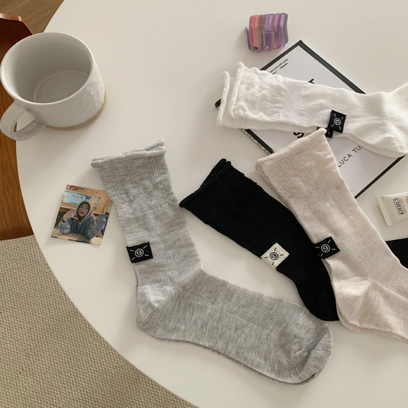 2025 Socks Women's Spring and Summer New Thin Cotton Women's Socks Korean-style Digital Cloth Label Decorative Trendy Mid-tube Women's Socks Piled Vertical Strip