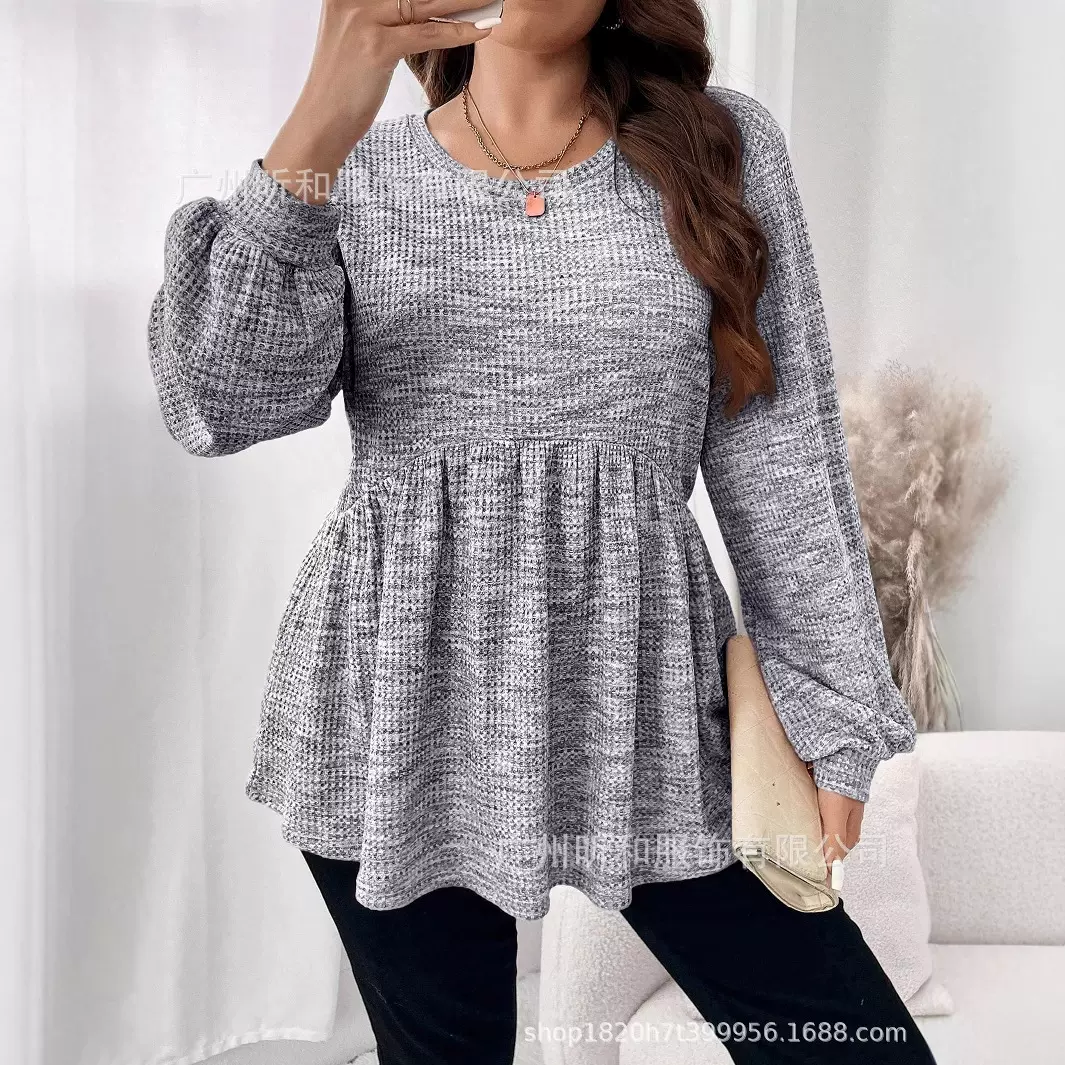 欧美大码女装长袖扎染印花荷叶边下摆灯笼袖圆领T恤旅行装机场