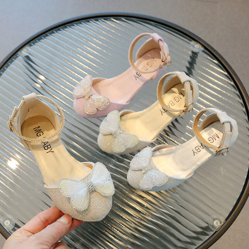 Korean-style fashionable sequin girls' crystal shoes, sweet bow children's high-heeled shoes, princess summer new trendy kids' shoes