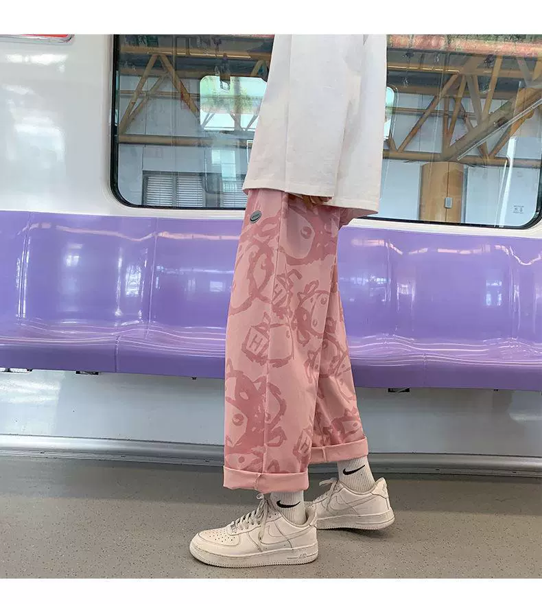 Мужские прямые джинсы с принтом медведя, на весну и осень, красивые модные свободные универсальные широкие брюки в пол с рюшами, с широкими штанинами