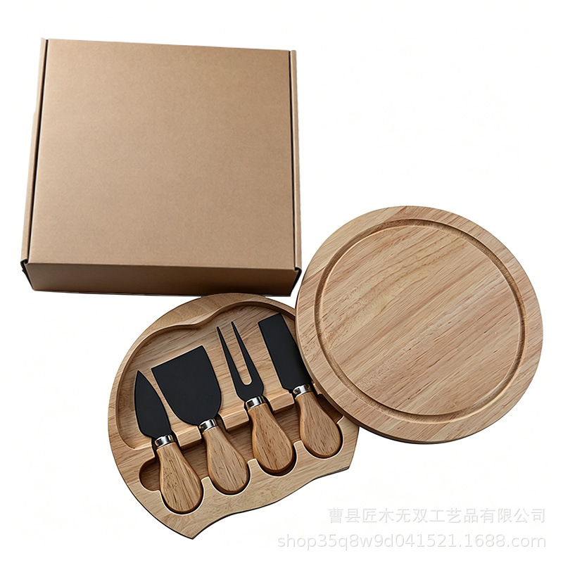 Caja de madera redonda de goma transfronteriza cuchillo de queso pizzeria pan snack platos de comidas occidentales cuchillo de queso conjunto bandeja