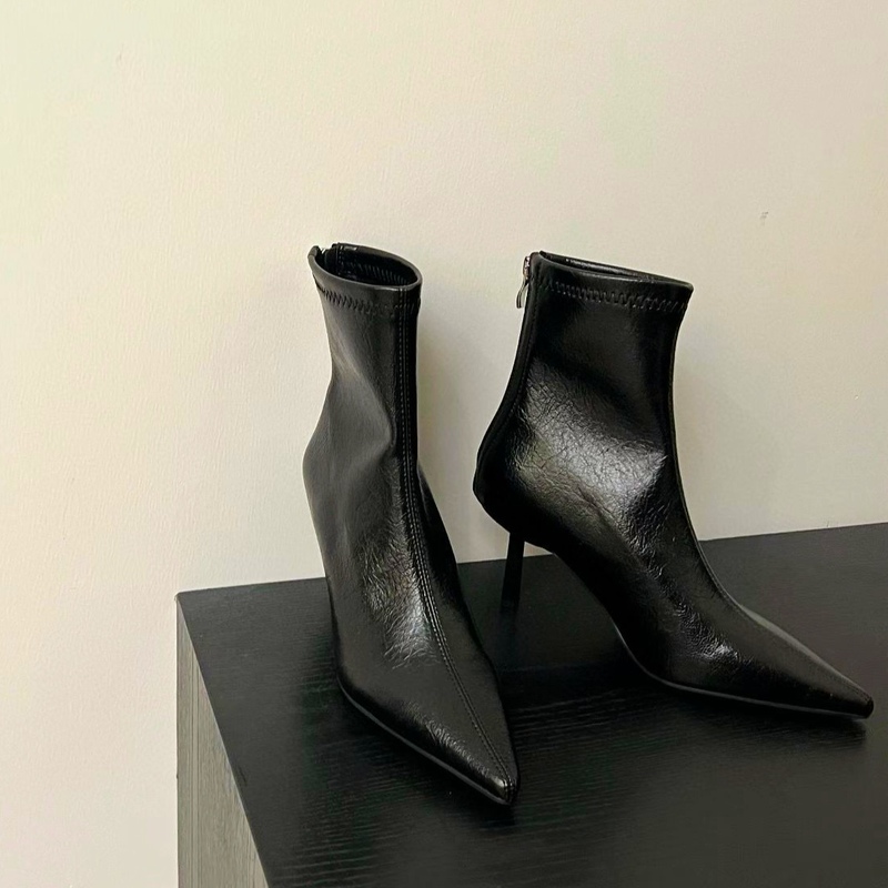 High-Heeled Pointed Toe Suede Martin Boots for Autumn and Winter, Stable Stiletto Heel, Back Zipper, Sexy Slim Boots, Internet Celebrity Versatile Short Boots