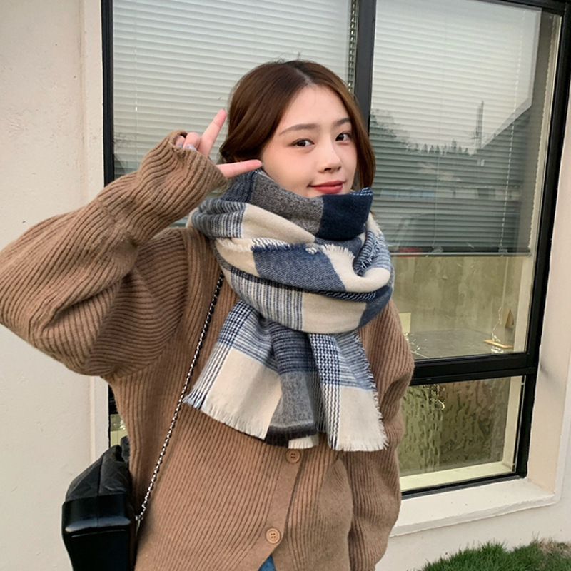 Sciarpa a quadri blu bianco super morbida per le donne in autunno inverno, spessa e calda, sciarpa in imitazione cashmere, coreana_voghion.com
