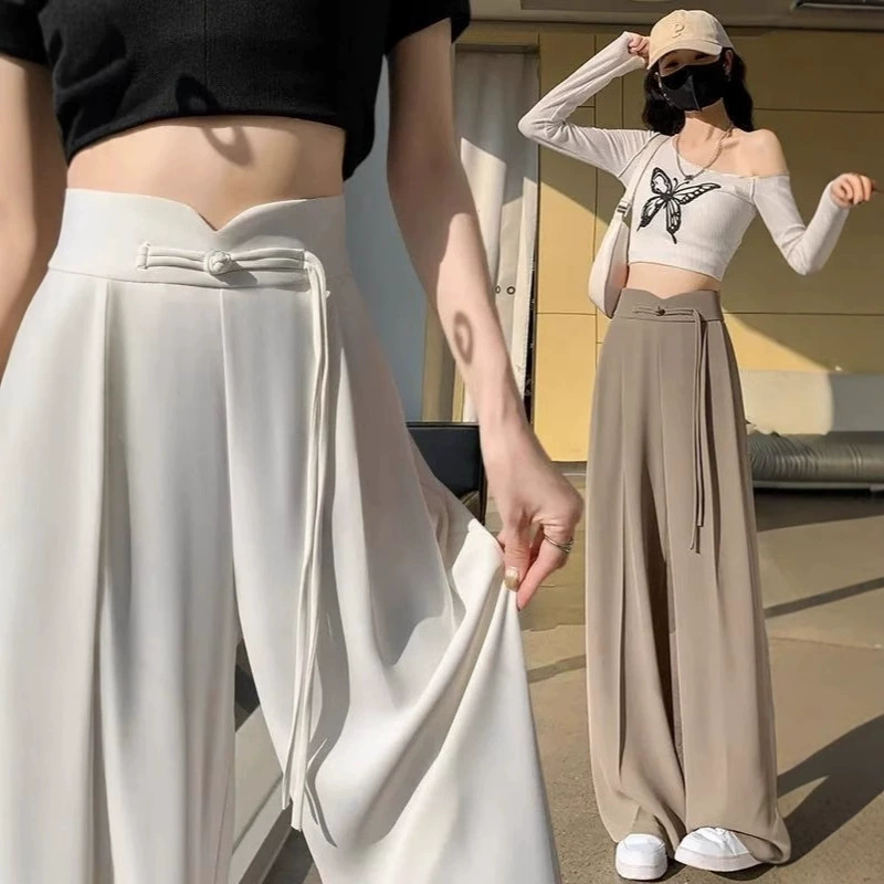 Новые черные брюки в китайском стиле с широкими штанинами для женщин, весенне-летние новые повседневные брюки с высокой талией, закрывающие бедра, оптовая продажа