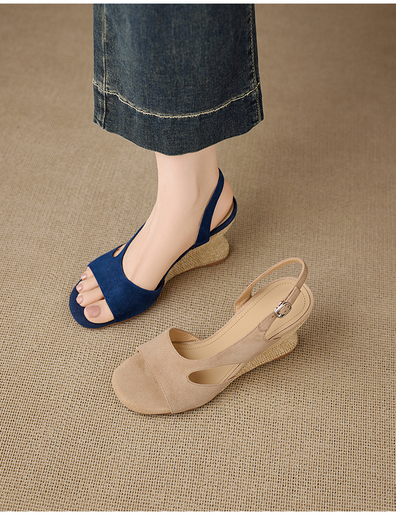 Sandal cao gót nữ mũi nhọn hở ngón, gót nêm đan rơm 8 cm, quai hậu buộc dây — xanh lam, màu mơ chi tiết 11